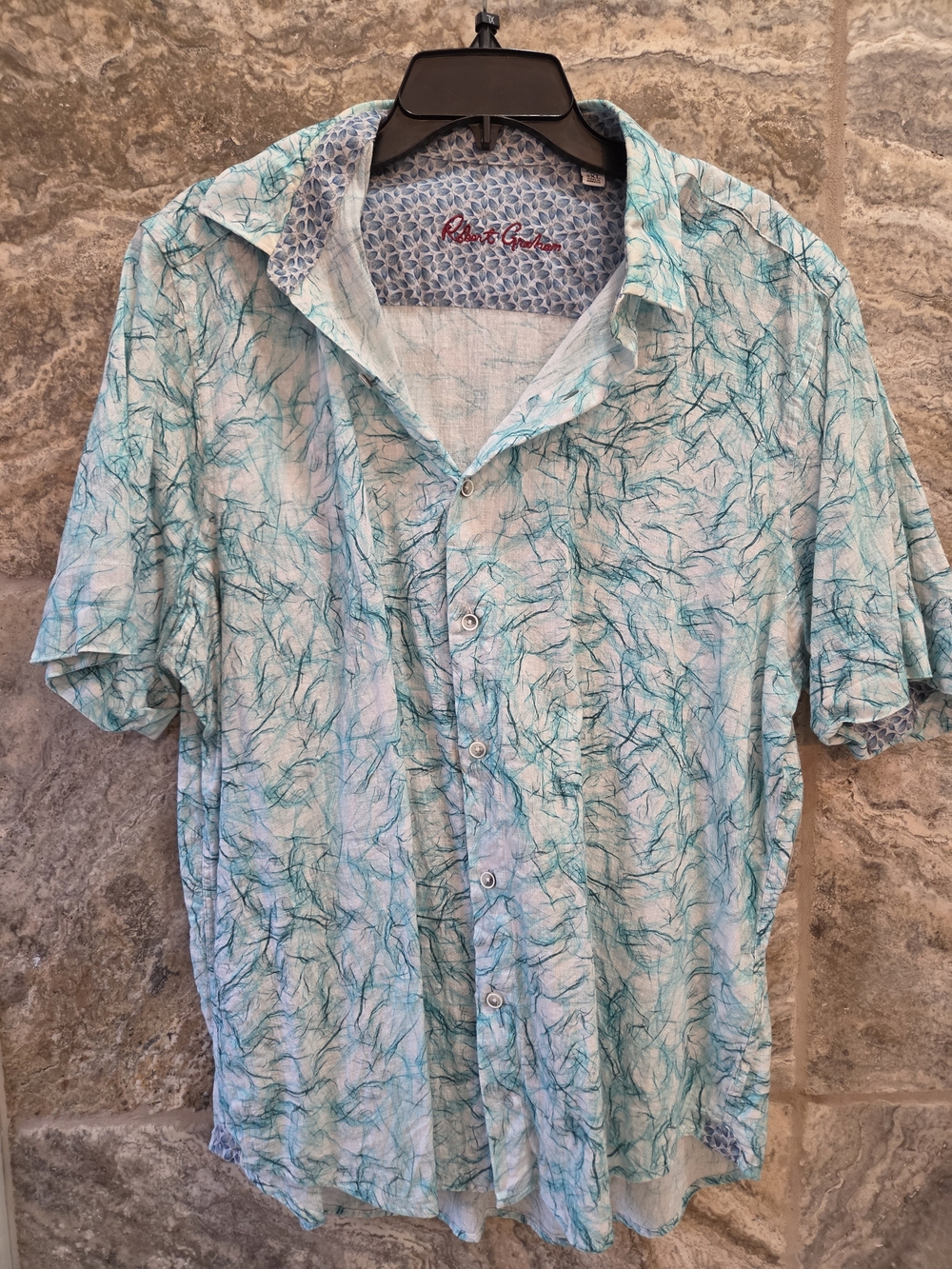 Robert Graham Short Sleeve Button-Up Shirt in Aqua and Teal Marble XXL